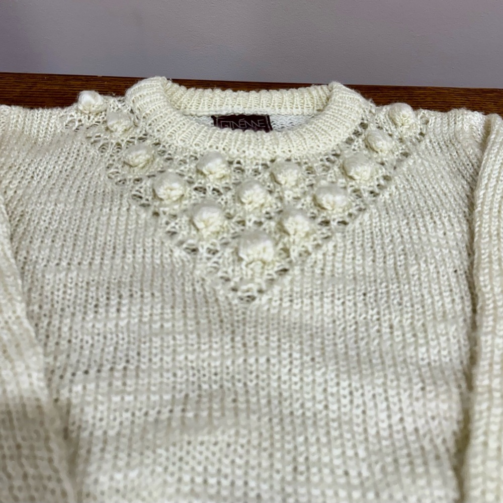 Chic Cream Sweater with Crochet Yoke Details